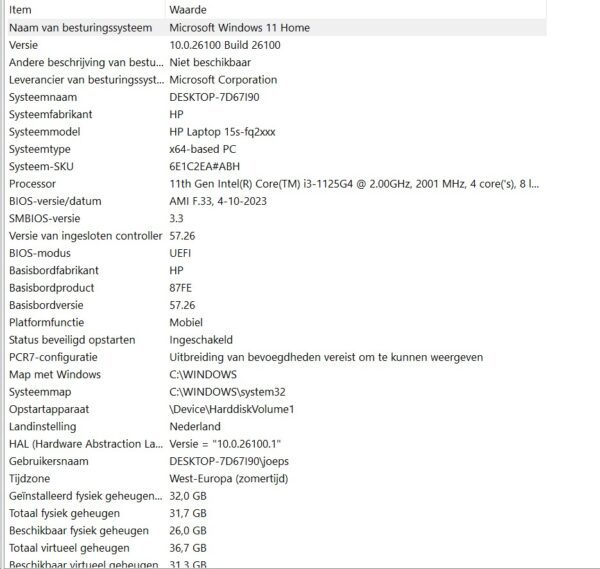 Systeeminformatie HP Laptop 15inch (11e gen CPU - 32gb ram - NVME) *nieuw*