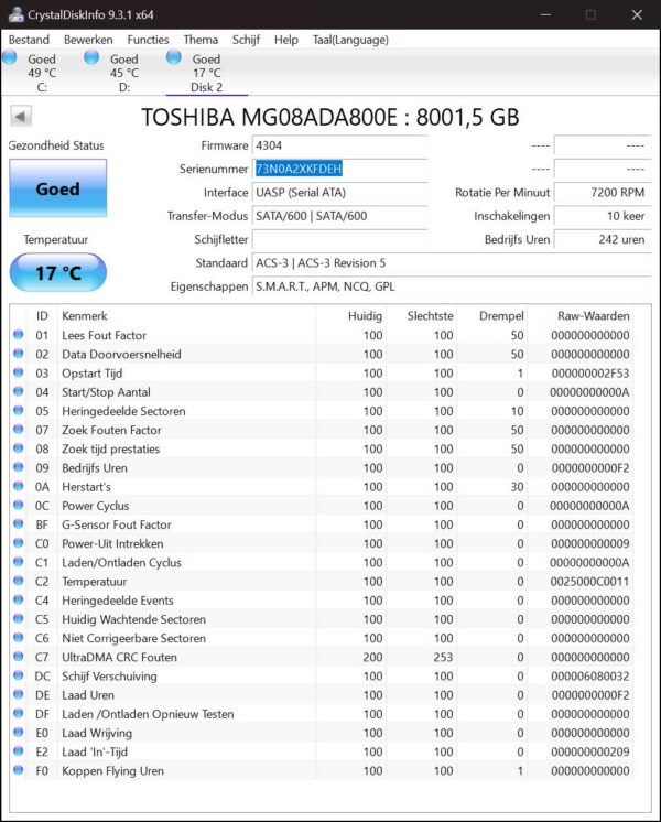 MG08ADA800E sn73N0A2XKFDEH (242) Toshiba Enterprise 8tb NAS HDD - MG08ADA800E