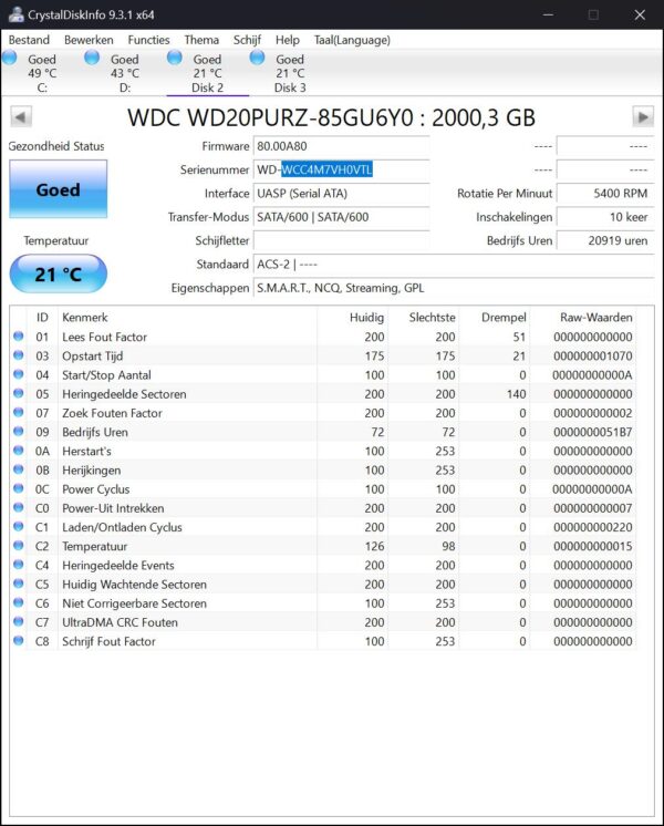 WD20PURZ snWCC4M7VH0VTL (20919) WD Purple 2tb NAS - NVR HDD