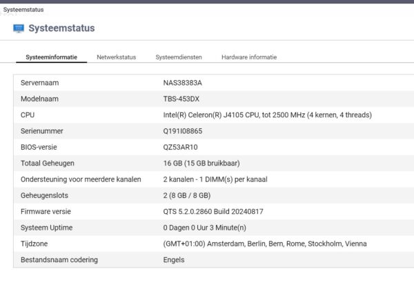 20241013 Configuratiescherm 16gb Qnap TBS-453DX NAS (16gb ram)