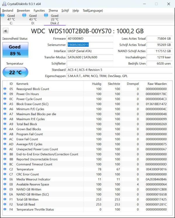 1TB WD Blue sn190892802011 (89% - 6028) WD Blue 1tb M.2 sata SSD